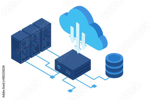 Isometric cloud computing concept showing data flow to server infrastructure and storage