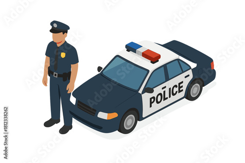Isometric police officer standing next to a patrol car with emergency lights