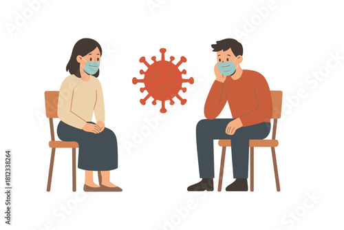 Social distancing concept with people wearing face masks separated by a virus symbol