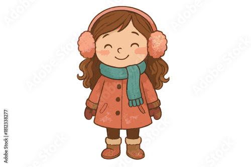 Cute smiling child wearing warm winter coat, scarf, earmuffs, and boots