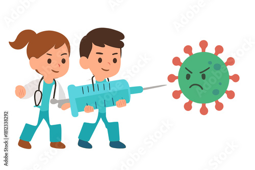 Two medical professionals preparing to inject a large vaccine into an angry virus cell