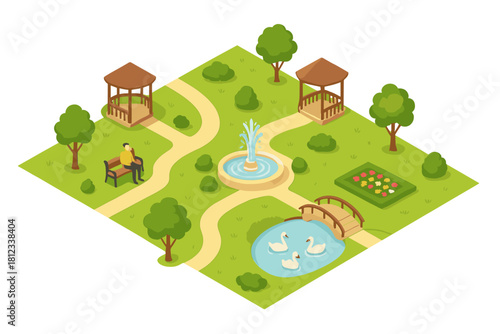 Isometric park landscape with fountain, pond, gazebos, trees, and a person relaxing on a bench