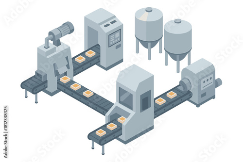 Isometric view of a modern factory production line with machinery and silos