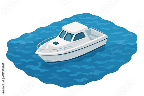 White motorboat floating on blue water surface isolated on white background