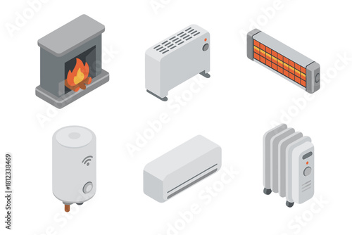Isometric icons of household heating equipment and climate control devices