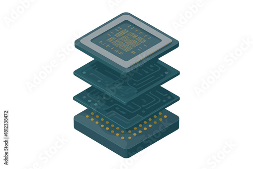 Exploded view of microchip layers showing internal structure and electronic components