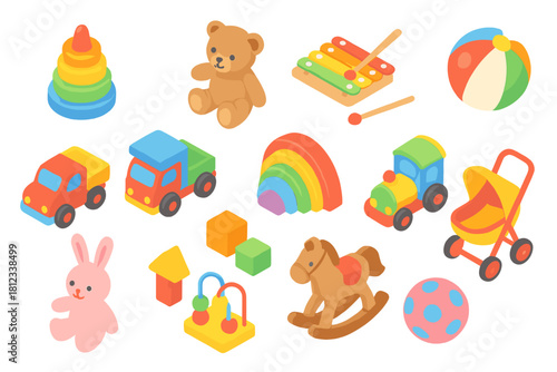 Isometric set of classic children's toys: teddy bear, rocking horse, xylophone, and building blocks