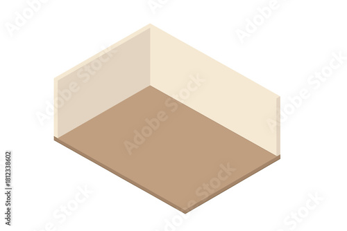 Empty room corner with beige walls and brown floor in simple isometric perspective