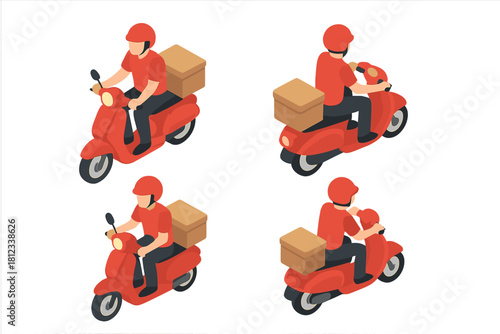 Delivery man riding a red scooter carrying a package box for fast shipping service