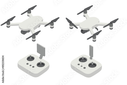 Aerial photography equipment featuring two isometric flying drones and their wireless controllers