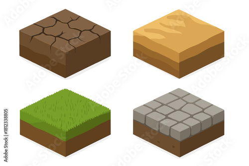 Isometric ground textures set: dry cracked earth, desert sand, lush green grass, and gray cobblestone pavement