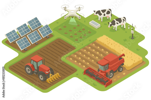 Isometric smart farming concept featuring agricultural machinery, solar energy, drone technology, and livestock