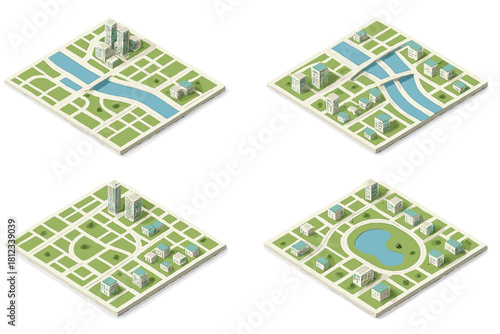 Four isometric city maps showing urban planning and infrastructure layouts