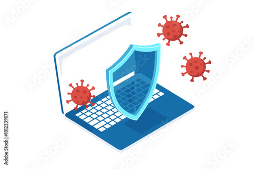 Isometric laptop computer protected by a large digital shield against multiple attacking coronavirus particles