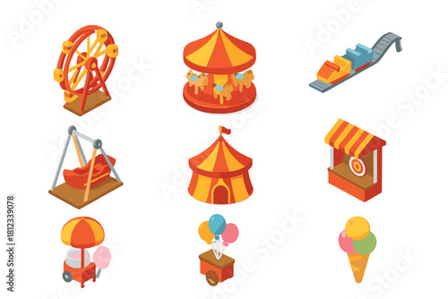 Isometric amusement park and carnival elements featuring rides, games, and treats