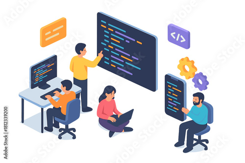 Software development team collaborating on coding projects using multiple devices