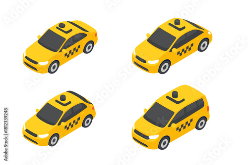 Set of various yellow taxi cabs in isometric view for urban passenger transportation