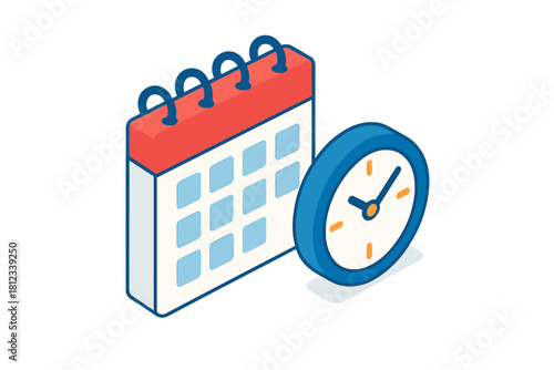 Isometric calendar and clock icon for business scheduling and deadline planning