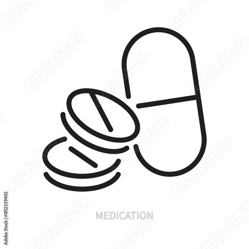 Medication line icon. Drug, pills, tablets symbol. Black outline sign. Medicine, medical, hospital, healthcare concept. Vector illustration. Editable stroke. Isolated on a white background.