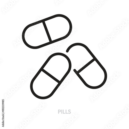 Pills line icon. Drug, medication, pill, tablet symbol. Black outline sign. Medicine, medical, hospital, healthcare concept. Vector illustration. Editable stroke. Isolated on a white background.