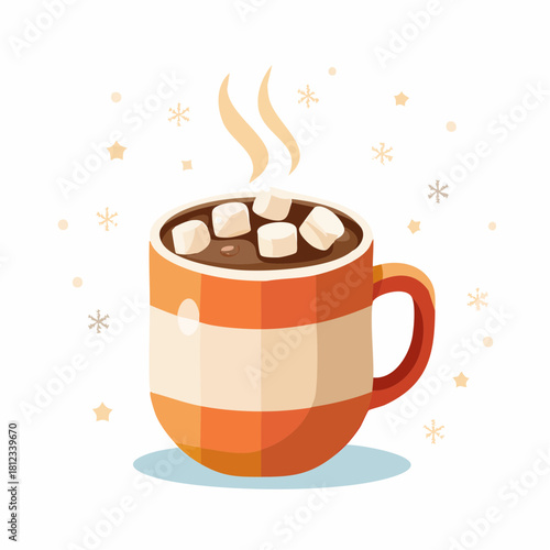 Cozy illustration of hot chocolate with marshmallows and steam in a striped mug, surrounded by snowflakes