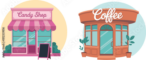 Candy Shop and Coffee Store Facades Vector Set, Featuring Two Different Cartoon Style Retail Buildings with Awnings and Large Windows for Small Business Themes.