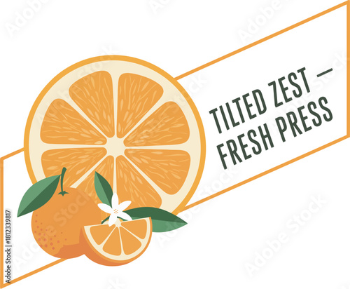 Tilted Zest Fresh Press Orange Fruit Citrus Graphic Vector Illustration 