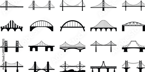 Bridge Silhouettes Vector Set of Different Architecture Types, Including Suspension, Arch, and Cable-Stayed Designs for Infrastructure, Travel, and Construction Graphics.