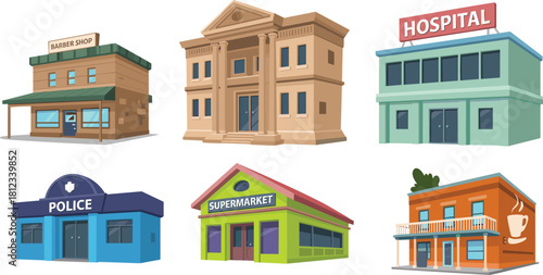 City Service and Retail Buildings Vector Set, Featuring Hospital, Police, Supermarket, and Barber Shop Facades in a Colorful Cartoon Style for Urban Design.