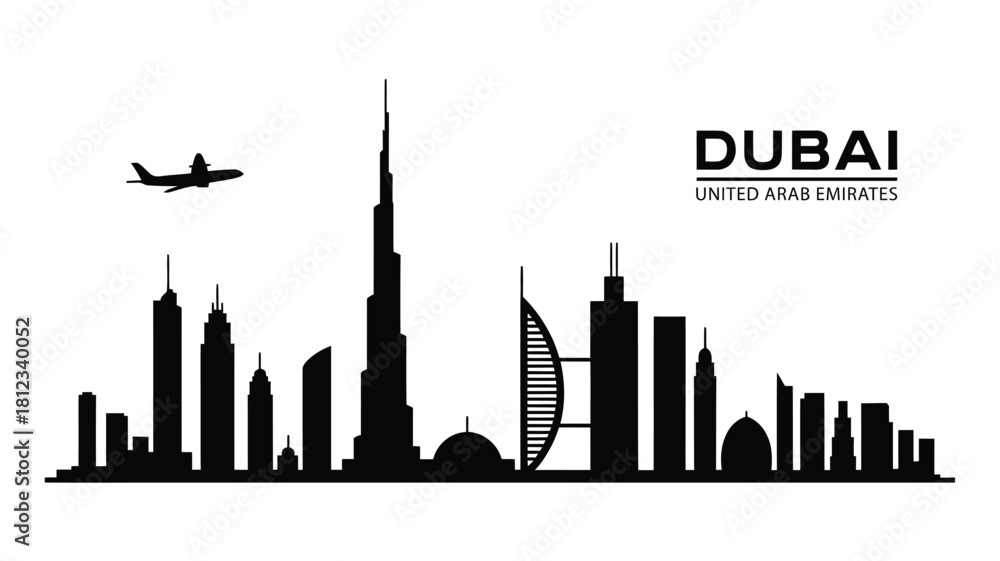 Naklejka premium Iconic dubai skyline silhouette with airplane and city name