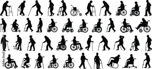 Elderly Disabled People Silhouettes Vector Set of Seniors Using Walkers, Canes, and Wheelchairs, Representing Aging, Mobility, and Healthcare Issues.