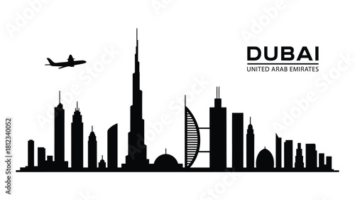 Iconic dubai skyline silhouette with airplane and city name
