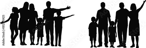 Family Group Silhouettes Vector Set of Adults and Children Standing Together, Waving, Hugging, and Pointing, Illustrating Parenthood, Community, and Togetherness.