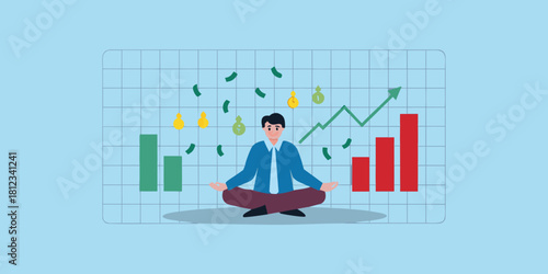 Man meditating amidst financial growth and falling money