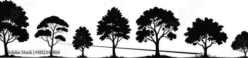 Forest Tree Silhouettes Vector Horizon Line, Featuring Different Woodland Shapes, Natural Landscape Border, and Eco Environment Park Graphics for Design Backgrounds.