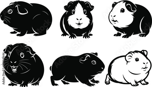 Guinea Pig Black and White Vector Set of Six Isolated Cute Pet Silhouettes, Illustrating Domestic Rodents, Cavy Mammals, and Small Animal Graphics.