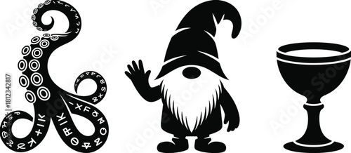 Mythical Silhouettes Vector Set of Waving Gnome, Tentacle with Runes, and Chalice, Illustrating Fantasy, Magic, Occultism, and Fairy Tale Design Graphics.