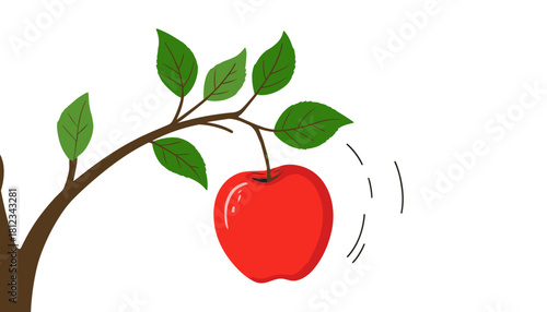 An apple ready to fall swaying on a tree branch with green leaves