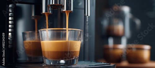 Espresso machine pouring coffee into a glass cup with crema.