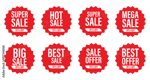 Sale banner 70% off with different sale percentage. Round price seal. Best promotion tag. Store marketing symbols. Discount emblems. Vector shopping banners design set