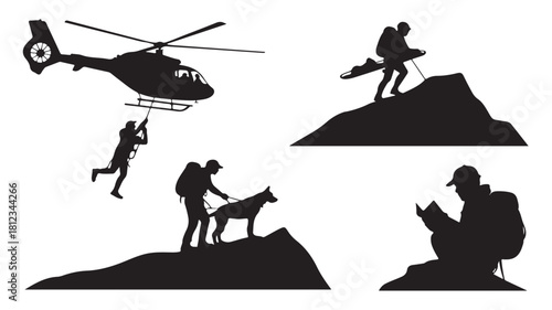 Set of mountain rescue silhouettes featuring a helicopter hiker and rescue dog vector illustration isolated on white