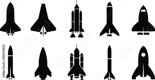 Space Flight Vehicles Silhouettes Vector Icon Set, Featuring Different Styles of Space Shuttles and Rockets, Illustrating Exploration, Technology, and Aerospace Graphics.