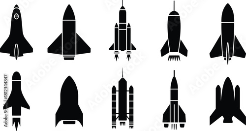 Spacecraft Silhouettes Vector Icon Set, Featuring Rockets, Launch Vehicles, and Shuttles, Illustrating Space Exploration, Travel, Technology, and Future Missions.