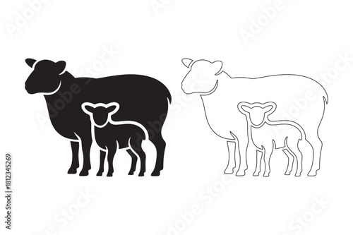 Silhouette and outline of sheep family with lamb