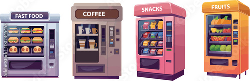 Vending Machines Vector Set for Fast Food, Coffee, Snacks, and Fresh Fruits, Illustrating Automated Retail, Self-Service, and Convenience Store Concepts.