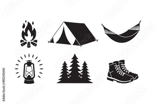 Camping icons set featuring tent lantern boots trees hammock and fire