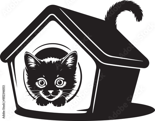 Black kitten peeking out of a stylized dog house with a curled tail visible black cat animal