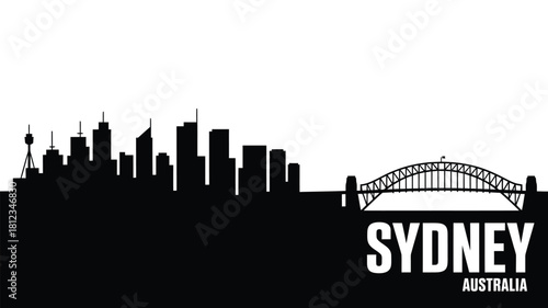 Iconic sydney skyline and harbour bridge silhouette in black and white