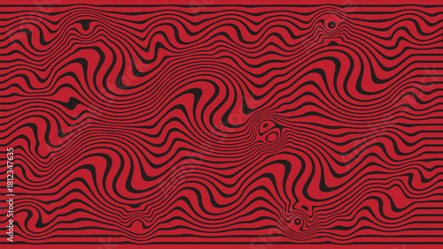 Red background shows a pattern of curving black lines, creating an optical illusion