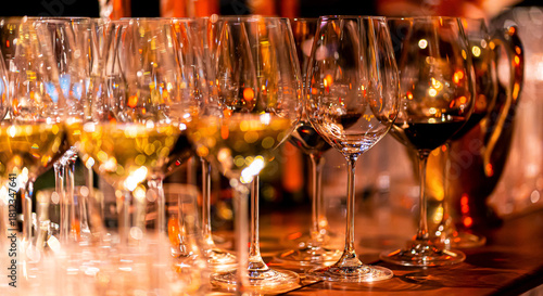 Elegant scene of wine being poured into glasses aligned in a row, showcasing the rich colors and graceful flow of the liquid, set against a dark, warm background, ideal sophisticated dining settings
